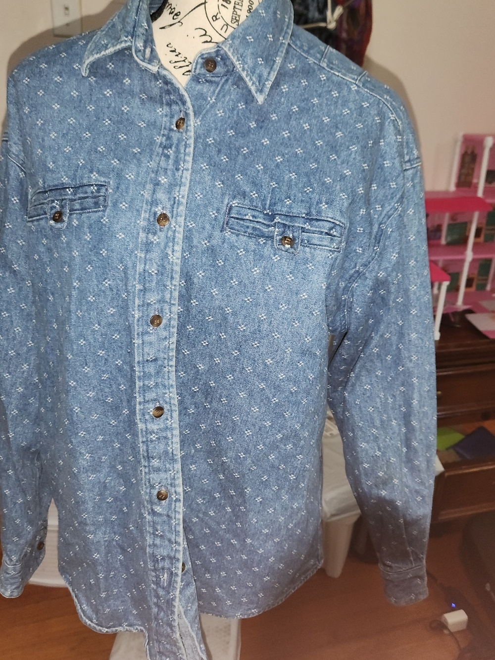 Ruff Hewn Light Blue Denim Button-Down Shirt with Microprint M